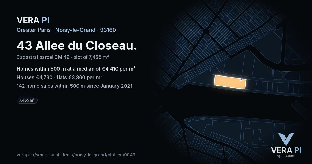 43 Allee du Closeau, Noisy-le-Grand at night – the plot lit, the parcels around coloured by the prices near them