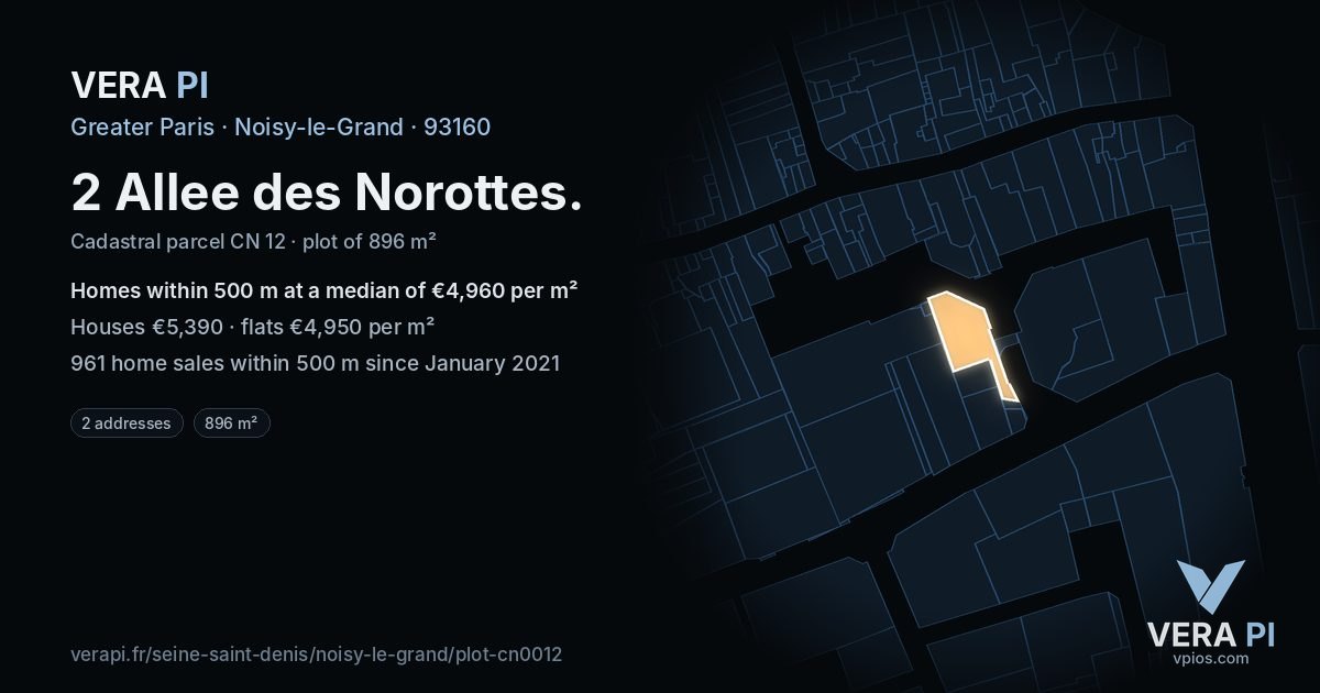 2 Allee des Norottes, Noisy-le-Grand at night – the plot lit, the parcels around coloured by the prices near them