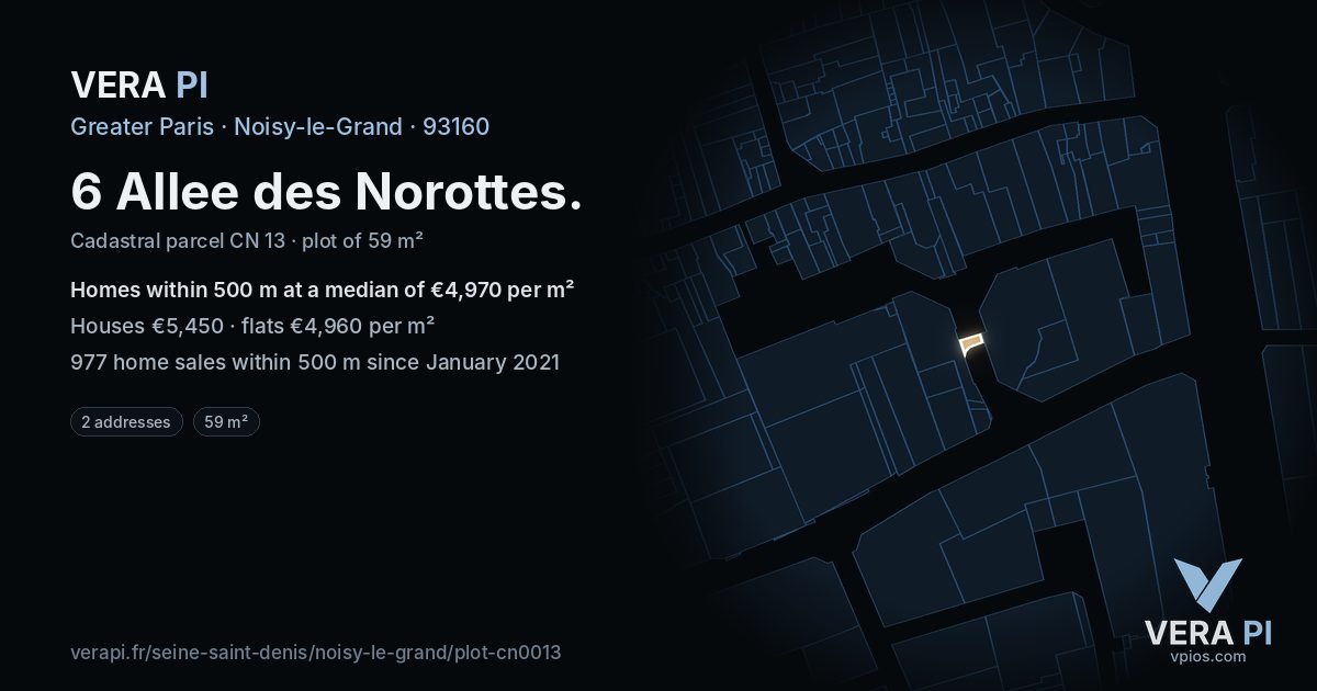 6 Allee des Norottes, Noisy-le-Grand at night – the plot lit, the parcels around coloured by the prices near them