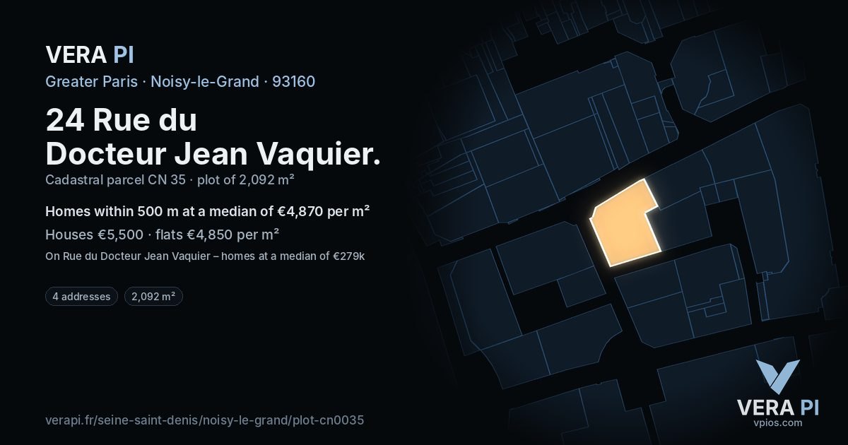 24 Rue du Docteur Jean Vaquier, Noisy-le-Grand at night – the plot lit, the parcels around coloured by the prices near them
