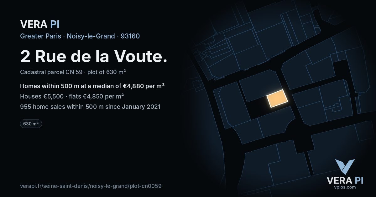 2 Rue de la Voute, Noisy-le-Grand at night – the plot lit, the parcels around coloured by the prices near them