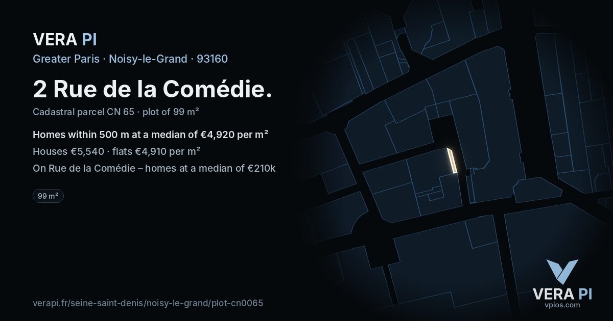 2 Rue de la Comédie, Noisy-le-Grand at night – the plot lit, the parcels around coloured by the prices near them