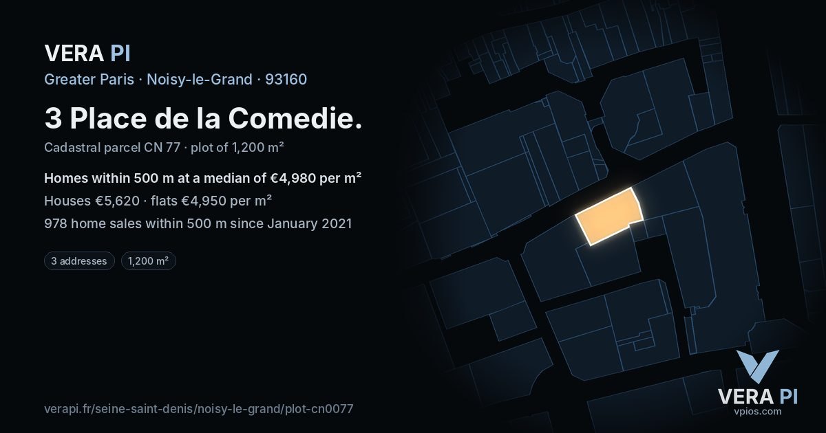 3 Place de la Comedie, Noisy-le-Grand at night – the plot lit, the parcels around coloured by the prices near them