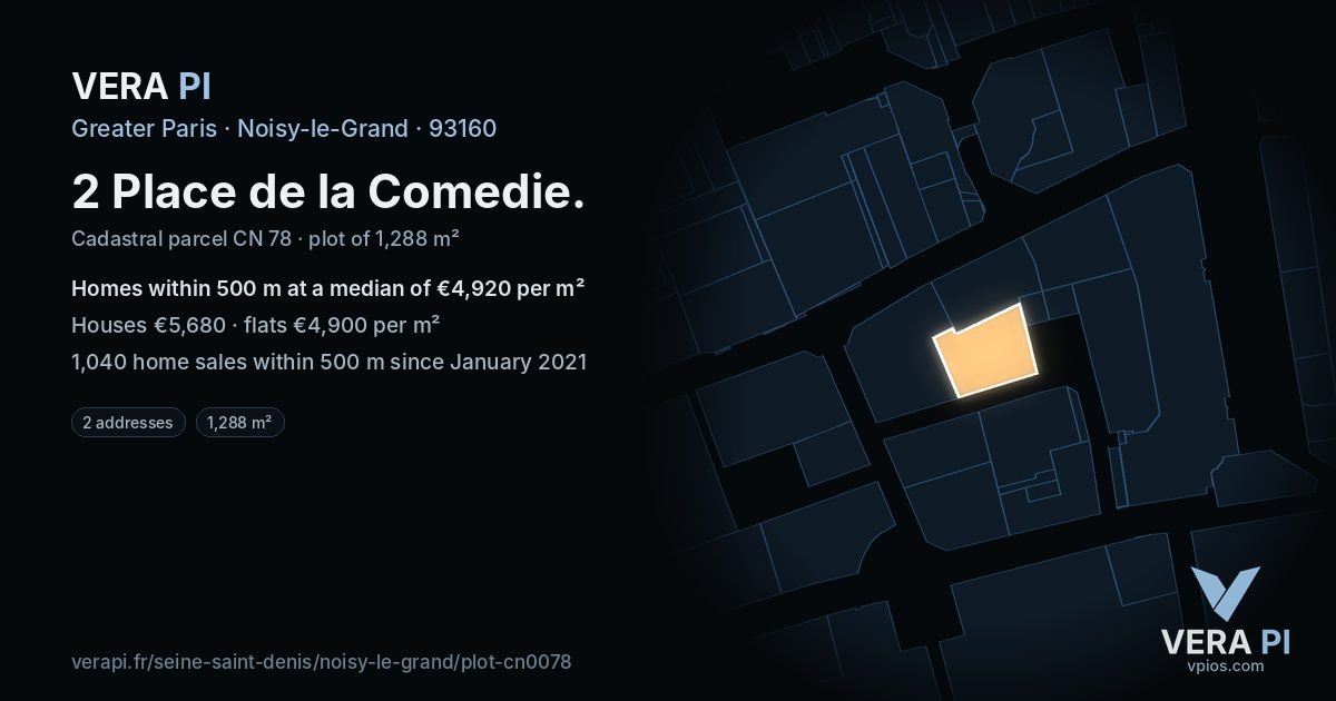 2 Place de la Comedie, Noisy-le-Grand at night – the plot lit, the parcels around coloured by the prices near them