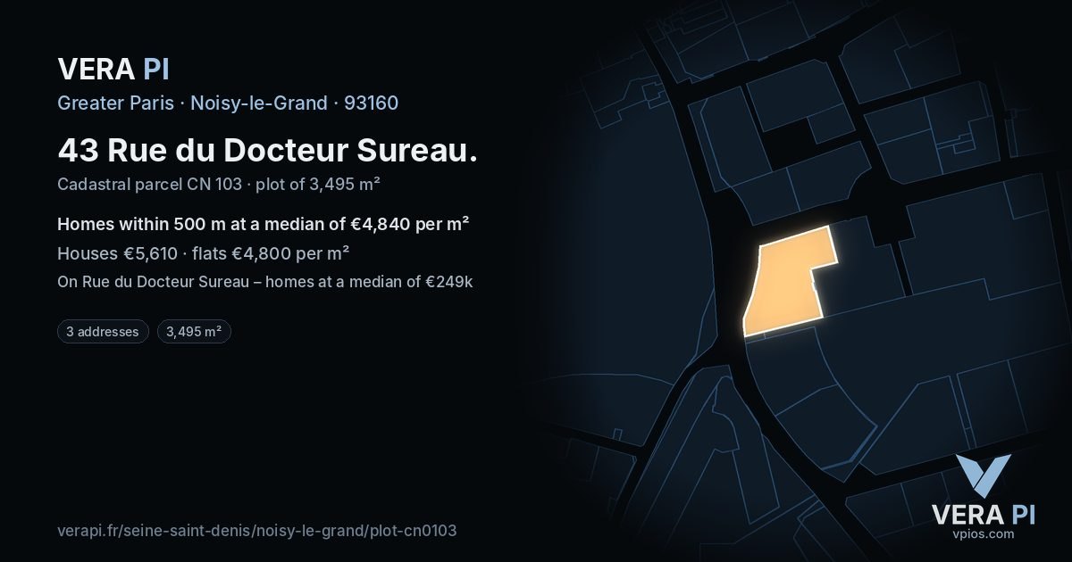 43 Rue du Docteur Sureau, Noisy-le-Grand at night – the plot lit, the parcels around coloured by the prices near them