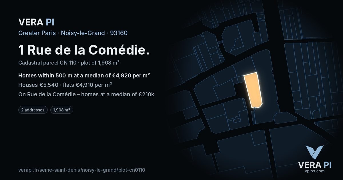 1 Rue de la Comédie, Noisy-le-Grand at night – the plot lit, the parcels around coloured by the prices near them