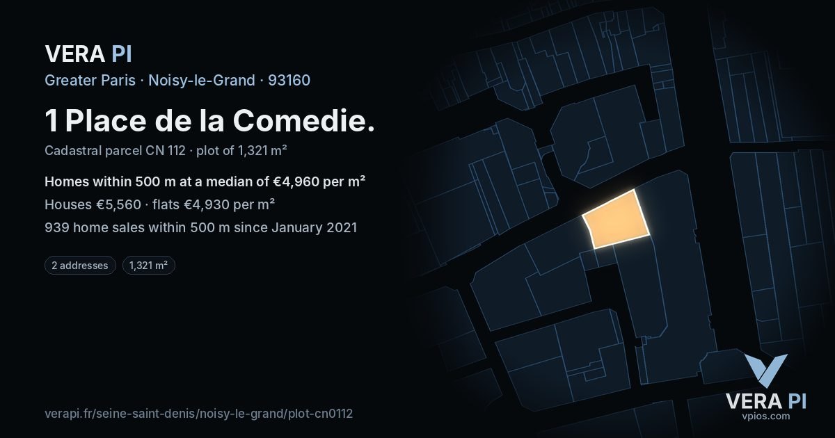 1 Place de la Comedie, Noisy-le-Grand at night – the plot lit, the parcels around coloured by the prices near them