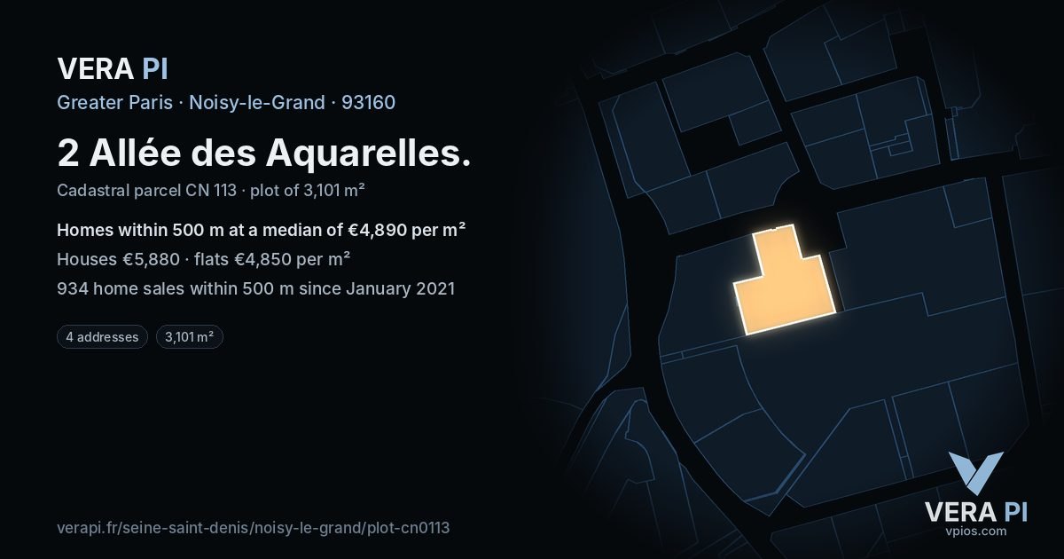 2 Allée des Aquarelles, Noisy-le-Grand at night – the plot lit, the parcels around coloured by the prices near them