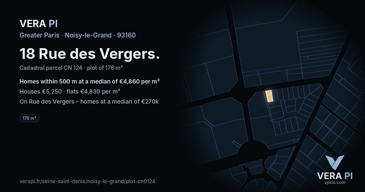 18 Rue des Vergers, Noisy-le-Grand at night – the plot lit, the parcels around coloured by the prices near them