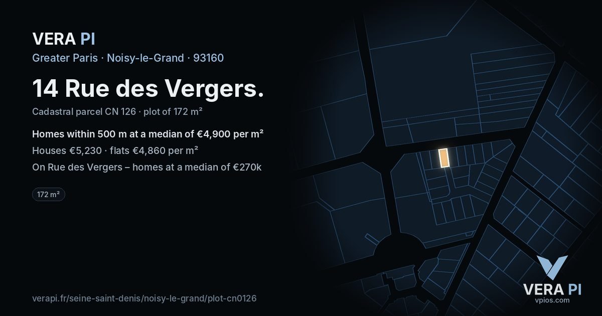 14 Rue des Vergers, Noisy-le-Grand at night – the plot lit, the parcels around coloured by the prices near them