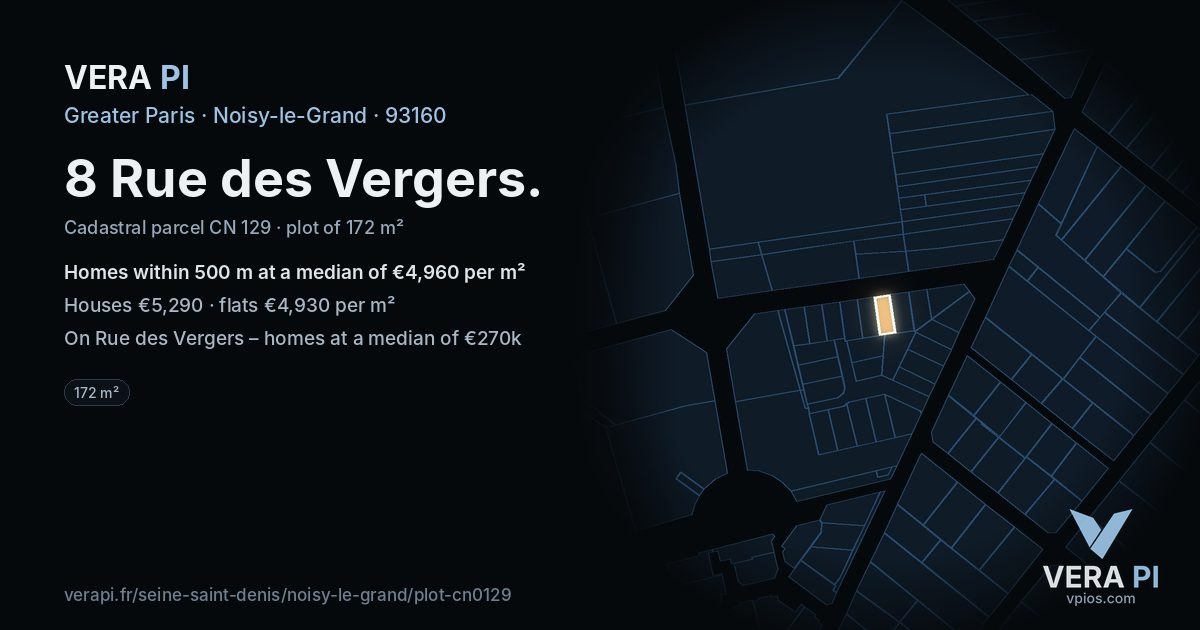 8 Rue des Vergers, Noisy-le-Grand at night – the plot lit, the parcels around coloured by the prices near them