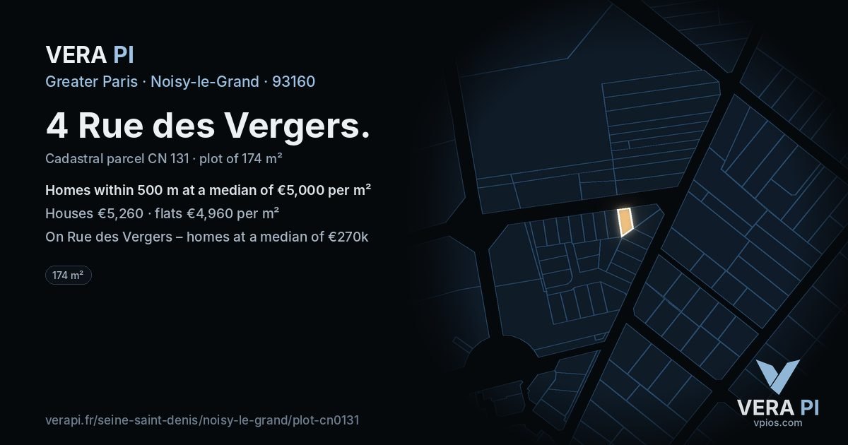 4 Rue des Vergers, Noisy-le-Grand at night – the plot lit, the parcels around coloured by the prices near them
