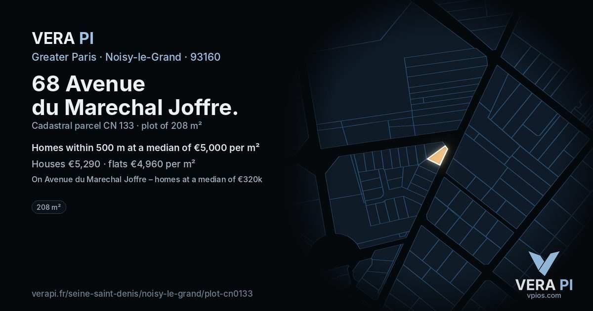 68 Avenue du Marechal Joffre, Noisy-le-Grand at night – the plot lit, the parcels around coloured by the prices near them