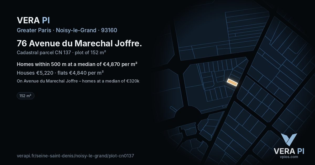 76 Avenue du Marechal Joffre, Noisy-le-Grand at night – the plot lit, the parcels around coloured by the prices near them