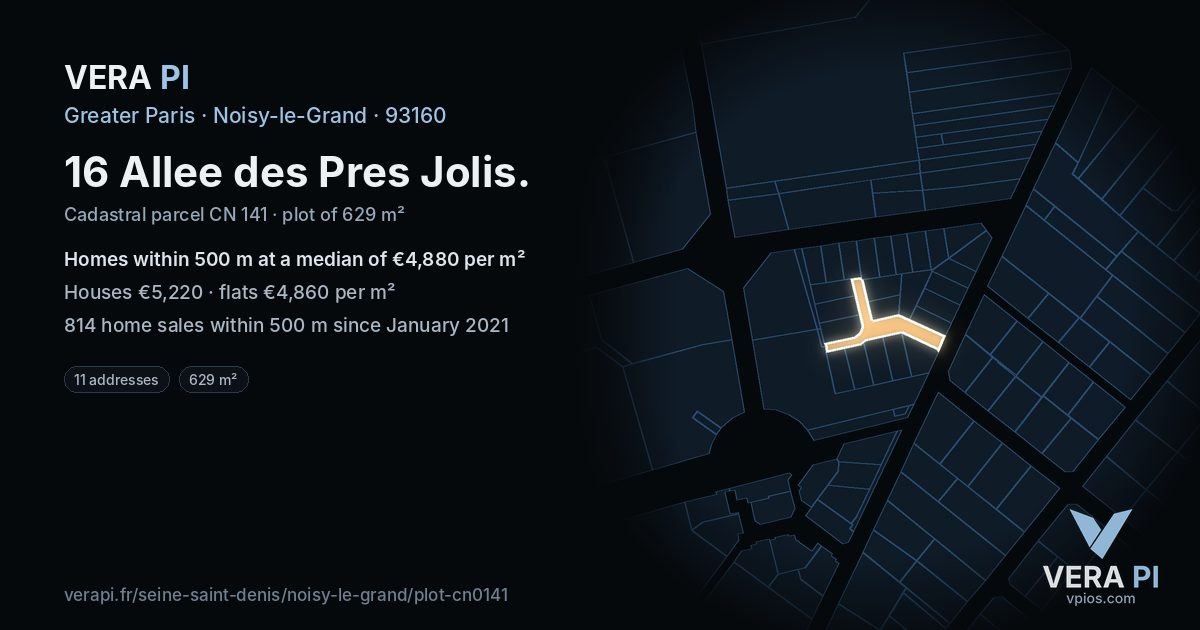 16 Allee des Pres Jolis, Noisy-le-Grand at night – the plot lit, the parcels around coloured by the prices near them