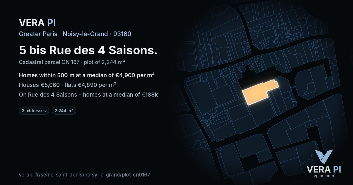 5 bis Rue des 4 Saisons, Noisy-le-Grand at night – the plot lit, the parcels around coloured by the prices near them