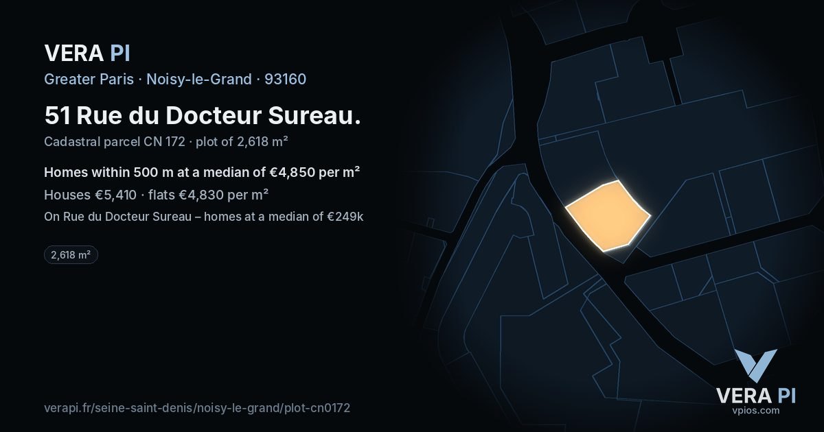 51 Rue du Docteur Sureau, Noisy-le-Grand at night – the plot lit, the parcels around coloured by the prices near them