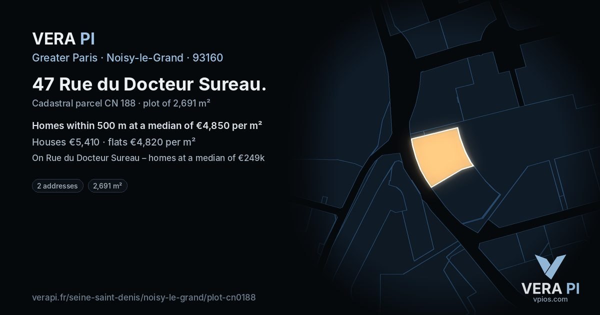 47 Rue du Docteur Sureau, Noisy-le-Grand at night – the plot lit, the parcels around coloured by the prices near them