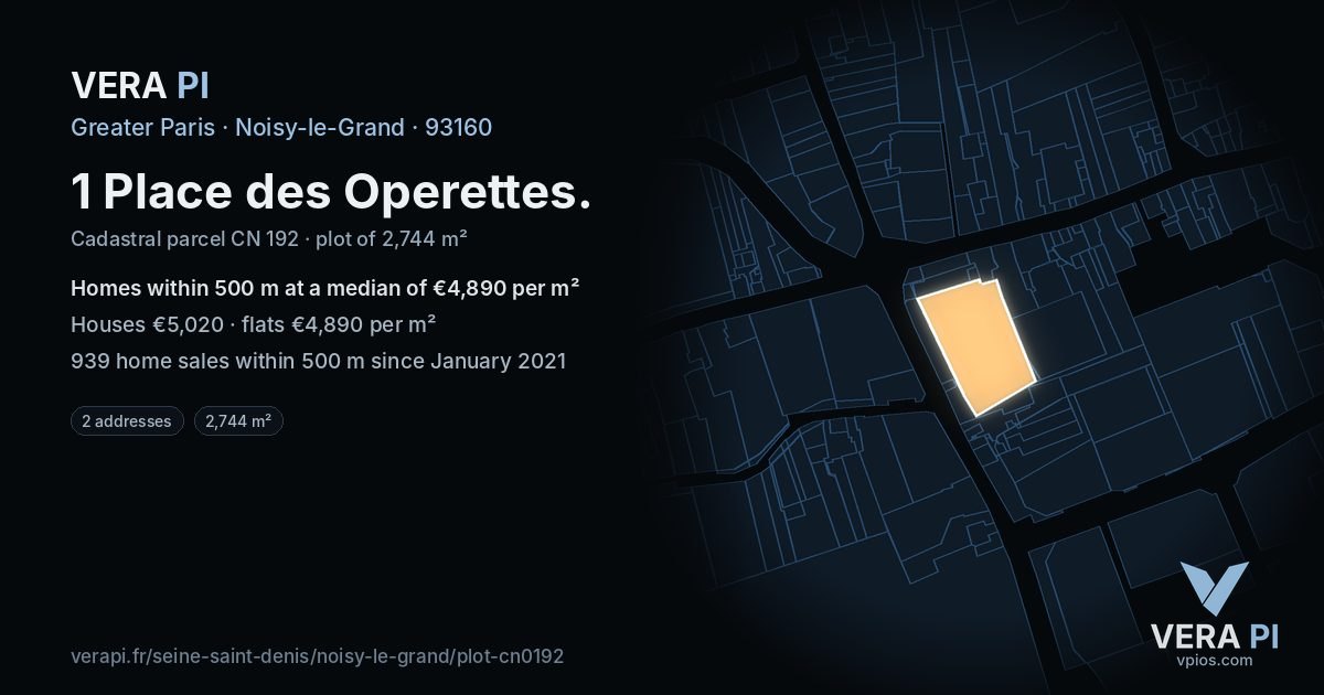 1 Place des Operettes, Noisy-le-Grand at night – the plot lit, the parcels around coloured by the prices near them
