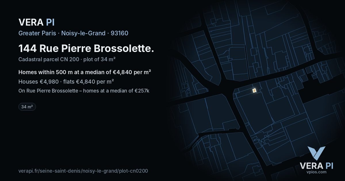 144 Rue Pierre Brossolette, Noisy-le-Grand at night – the plot lit, the parcels around coloured by the prices near them