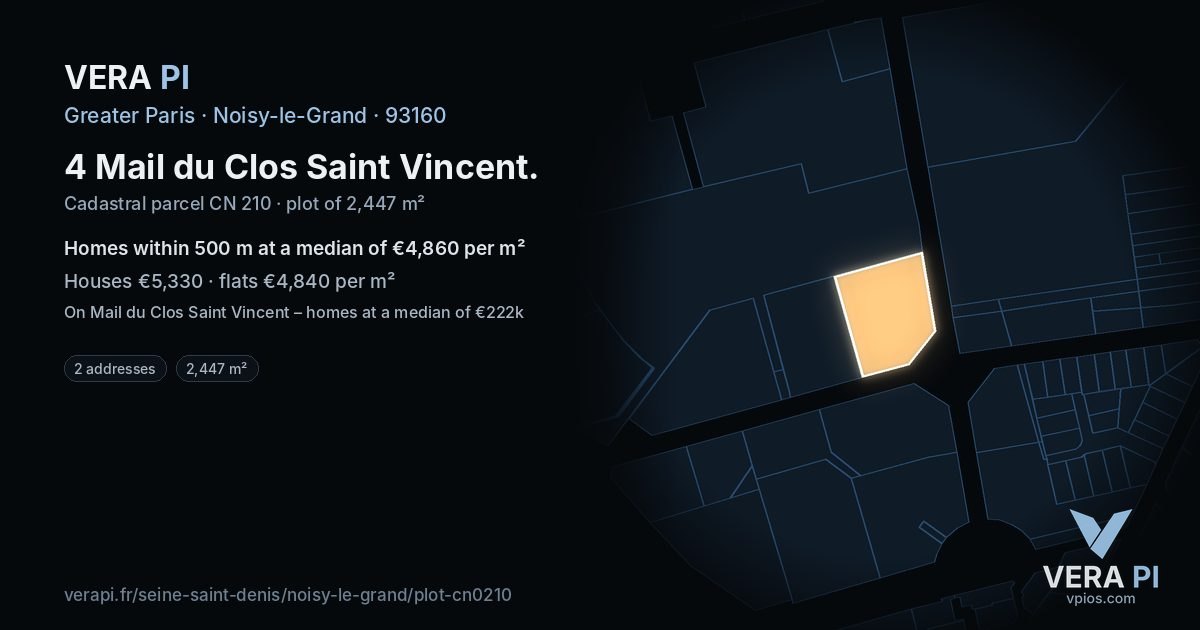 4 Mail du Clos Saint Vincent, Noisy-le-Grand at night – the plot lit, the parcels around coloured by the prices near them