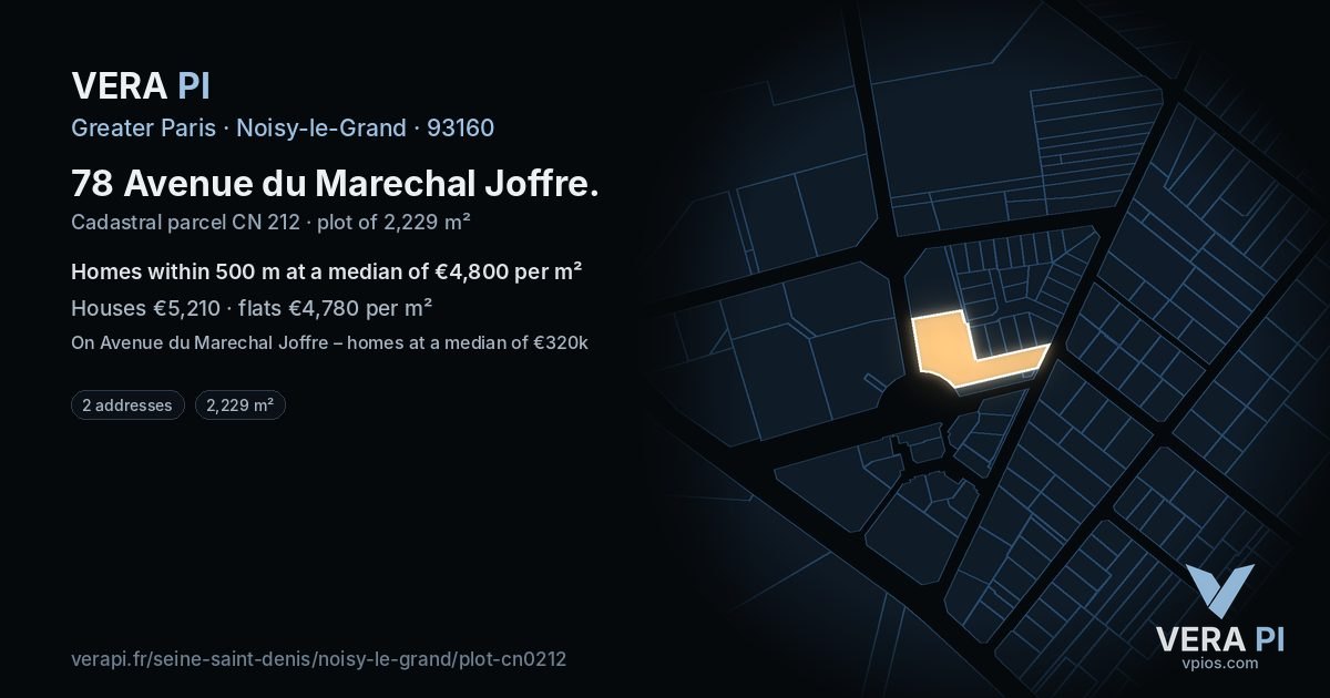 78 Avenue du Marechal Joffre, Noisy-le-Grand at night – the plot lit, the parcels around coloured by the prices near them