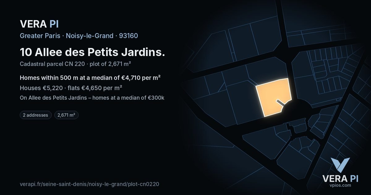 10 Allee des Petits Jardins, Noisy-le-Grand at night – the plot lit, the parcels around coloured by the prices near them
