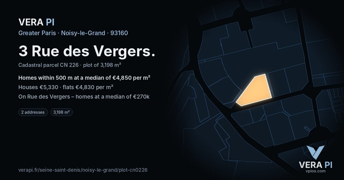3 Rue des Vergers, Noisy-le-Grand at night – the plot lit, the parcels around coloured by the prices near them