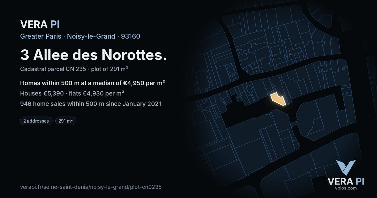 3 Allee des Norottes, Noisy-le-Grand at night – the plot lit, the parcels around coloured by the prices near them