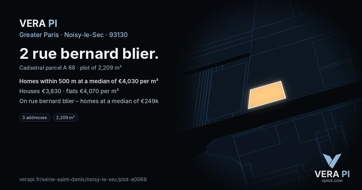 2 rue bernard blier, Noisy-le-Sec at night – the plot lit, the parcels around coloured by the prices near them