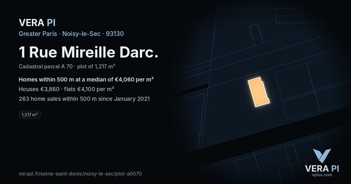 1 Rue Mireille Darc, Noisy-le-Sec at night – the plot lit, the parcels around coloured by the prices near them