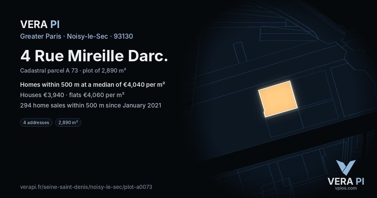 4 Rue Mireille Darc, Noisy-le-Sec at night – the plot lit, the parcels around coloured by the prices near them