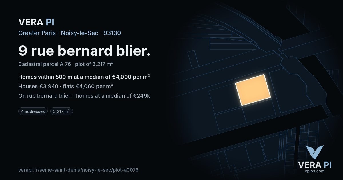 9 rue bernard blier, Noisy-le-Sec at night – the plot lit, the parcels around coloured by the prices near them