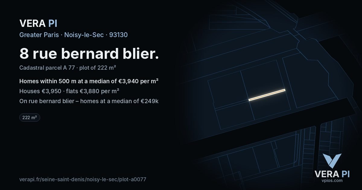 8 rue bernard blier, Noisy-le-Sec at night – the plot lit, the parcels around coloured by the prices near them