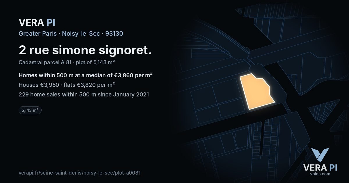 2 rue simone signoret, Noisy-le-Sec at night – the plot lit, the parcels around coloured by the prices near them