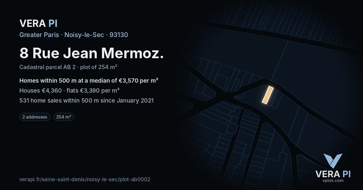 8 Rue Jean Mermoz, Noisy-le-Sec at night – the plot lit, the parcels around coloured by the prices near them