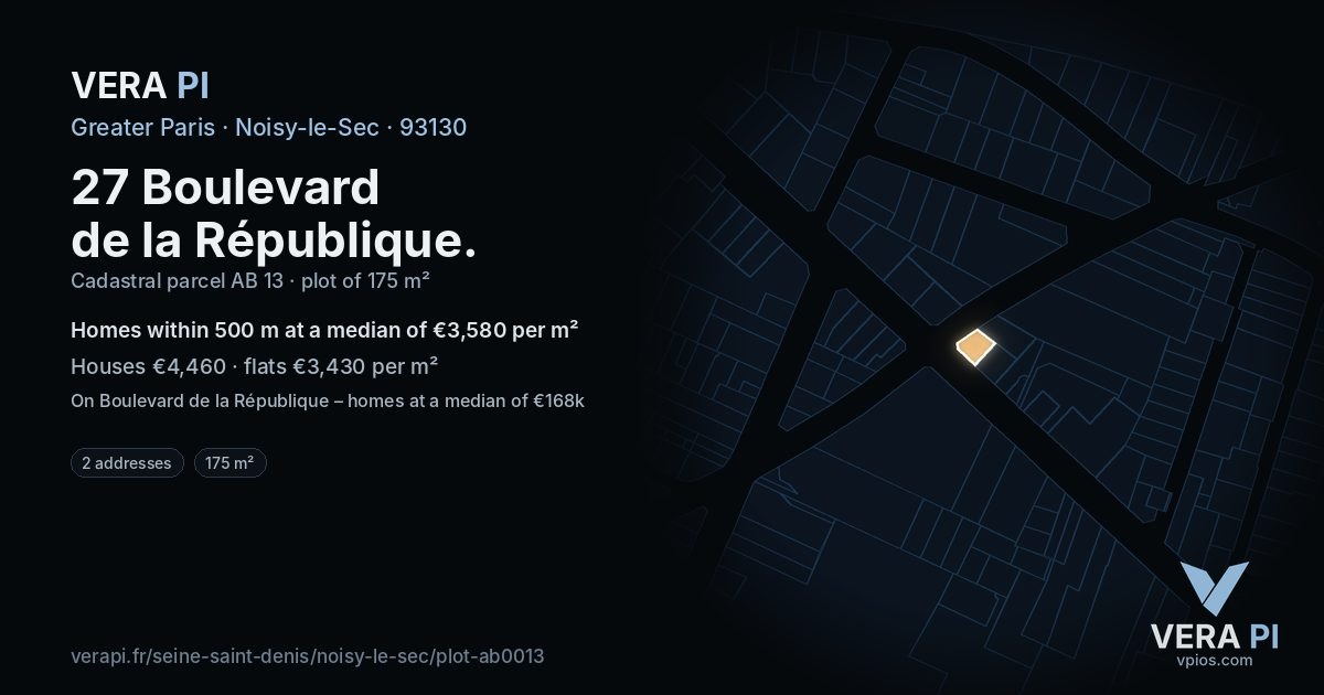 27 Boulevard de la République, Noisy-le-Sec at night – the plot lit, the parcels around coloured by the prices near them