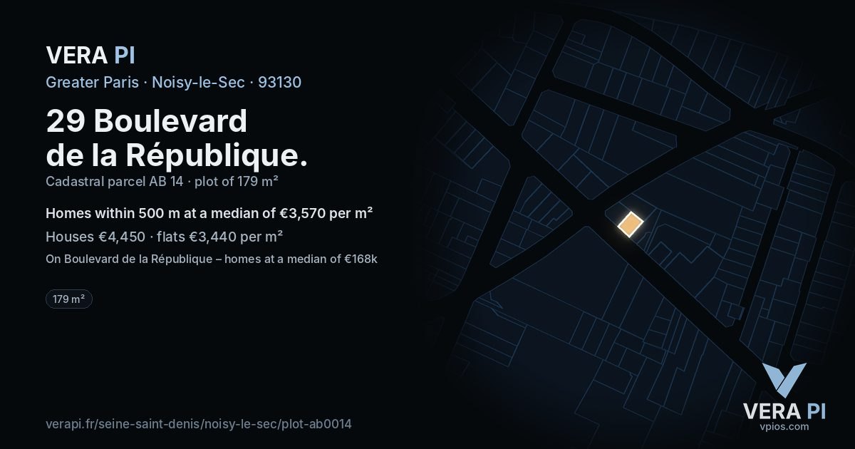 29 Boulevard de la République, Noisy-le-Sec at night – the plot lit, the parcels around coloured by the prices near them