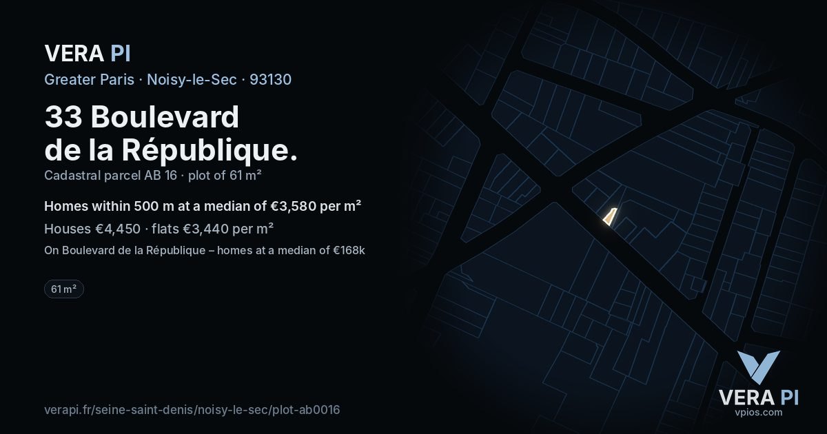 33 Boulevard de la République, Noisy-le-Sec at night – the plot lit, the parcels around coloured by the prices near them