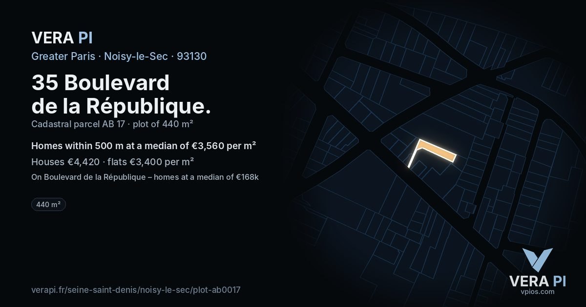 35 Boulevard de la République, Noisy-le-Sec at night – the plot lit, the parcels around coloured by the prices near them