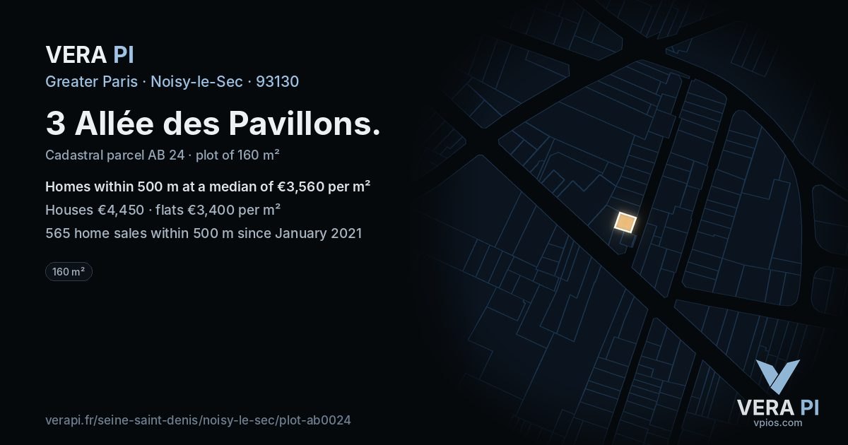 3 Allée des Pavillons, Noisy-le-Sec at night – the plot lit, the parcels around coloured by the prices near them