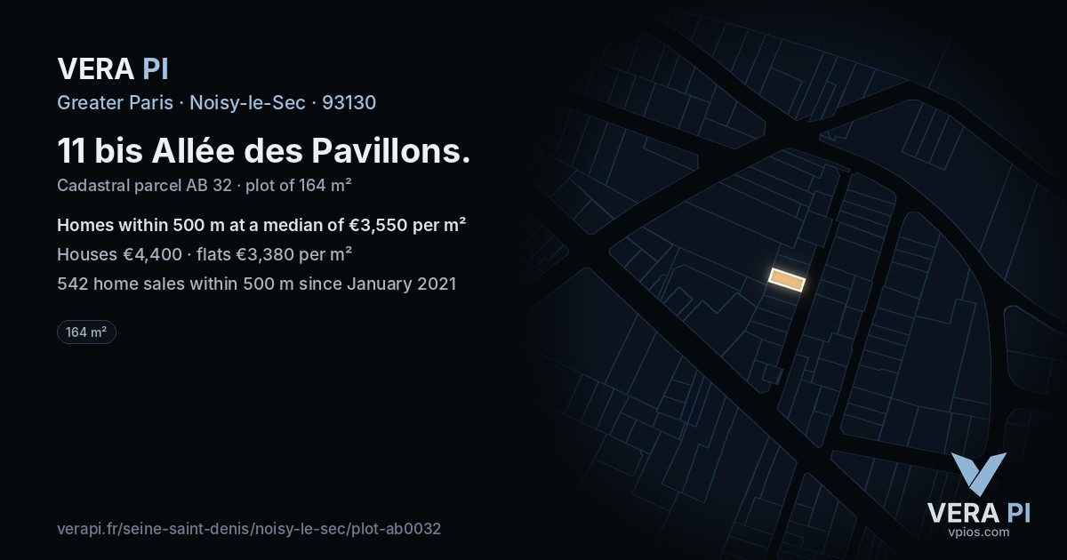 11 bis Allée des Pavillons, Noisy-le-Sec at night – the plot lit, the parcels around coloured by the prices near them