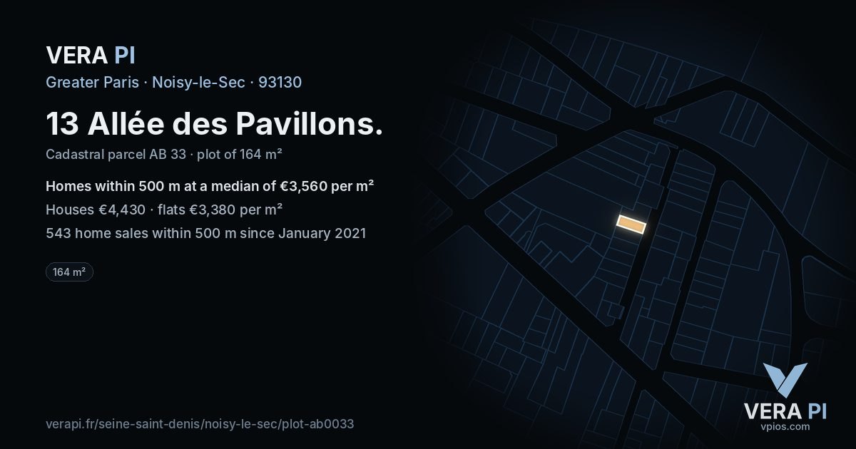 13 Allée des Pavillons, Noisy-le-Sec at night – the plot lit, the parcels around coloured by the prices near them