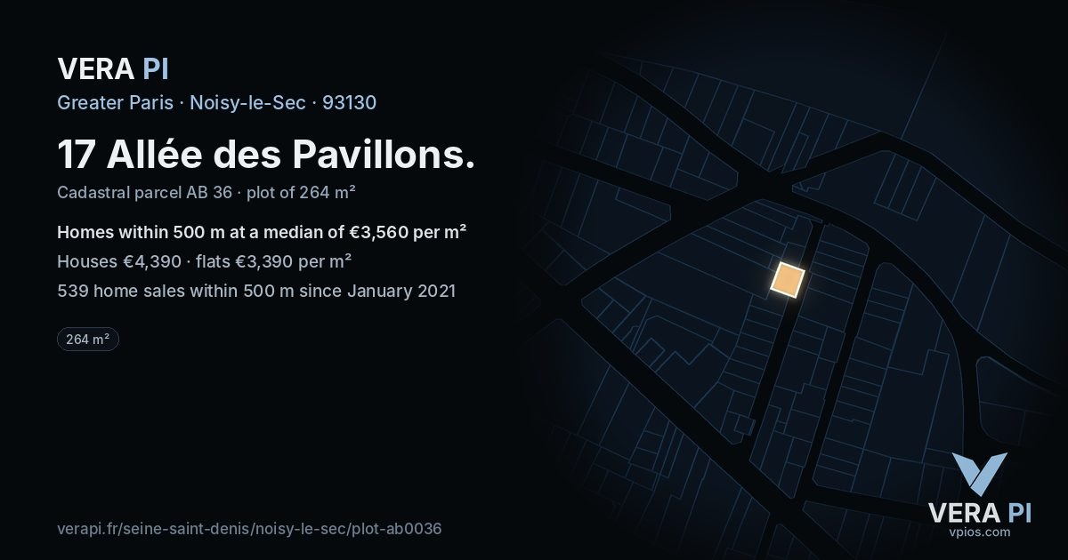 17 Allée des Pavillons, Noisy-le-Sec at night – the plot lit, the parcels around coloured by the prices near them