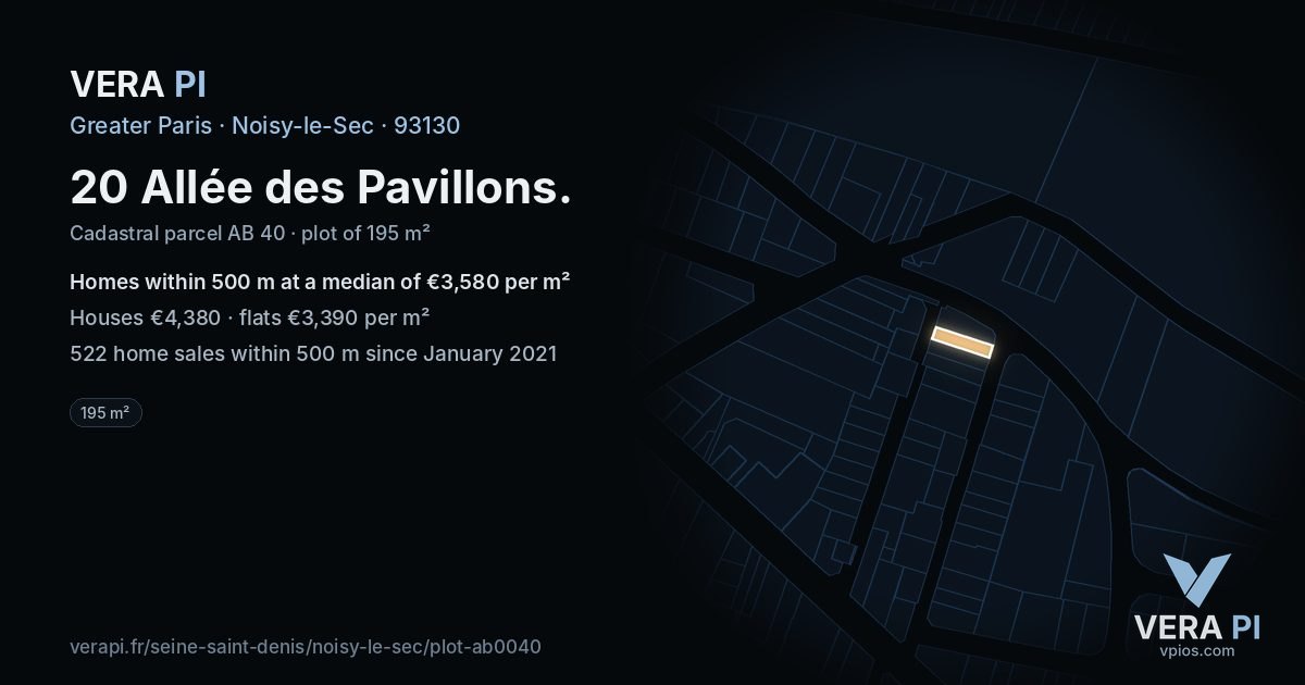 20 Allée des Pavillons, Noisy-le-Sec at night – the plot lit, the parcels around coloured by the prices near them
