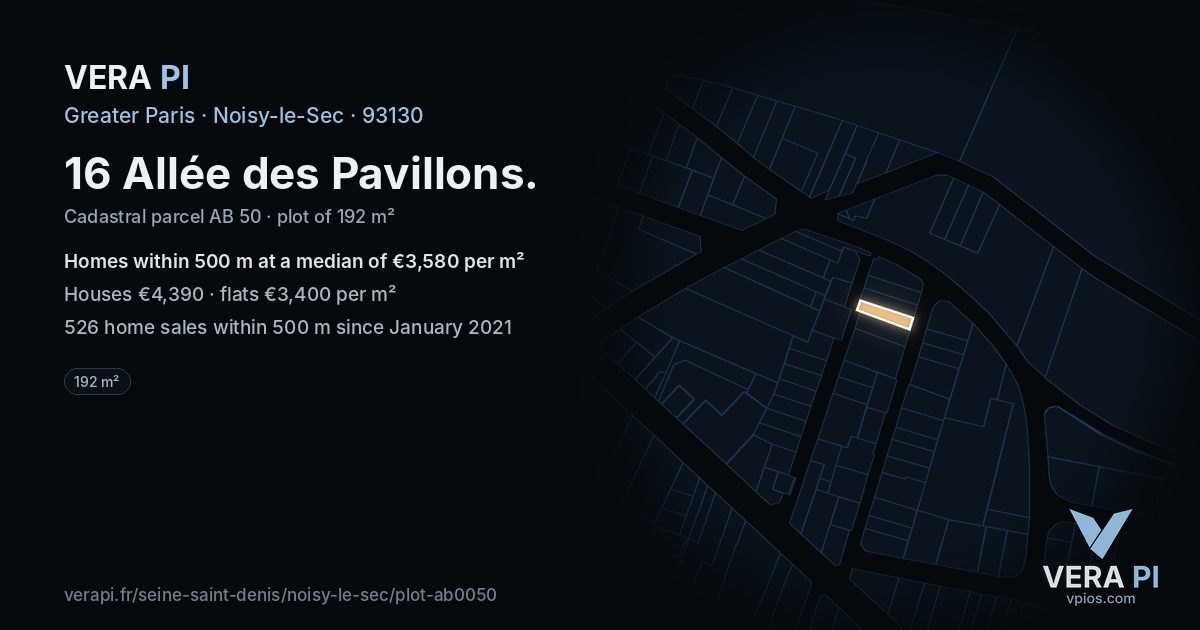 16 Allée des Pavillons, Noisy-le-Sec at night – the plot lit, the parcels around coloured by the prices near them