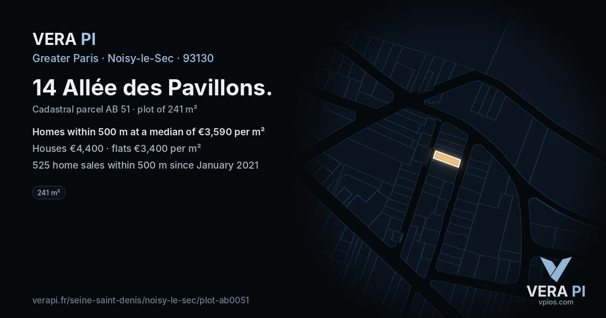 14 Allée des Pavillons, Noisy-le-Sec at night – the plot lit, the parcels around coloured by the prices near them