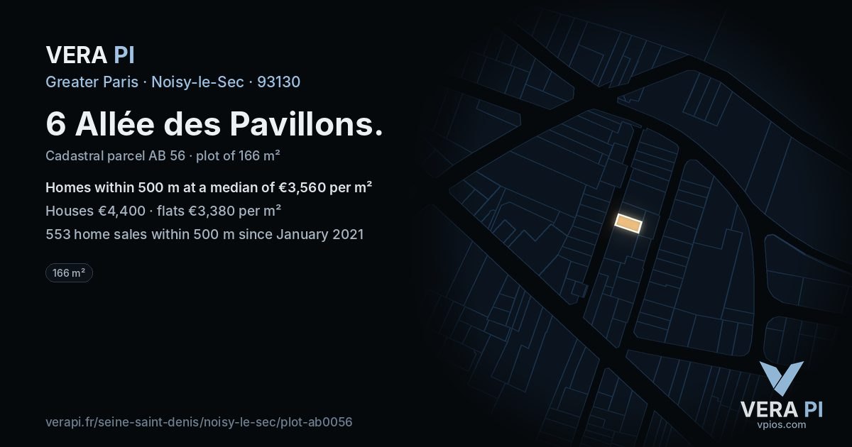 6 Allée des Pavillons, Noisy-le-Sec at night – the plot lit, the parcels around coloured by the prices near them