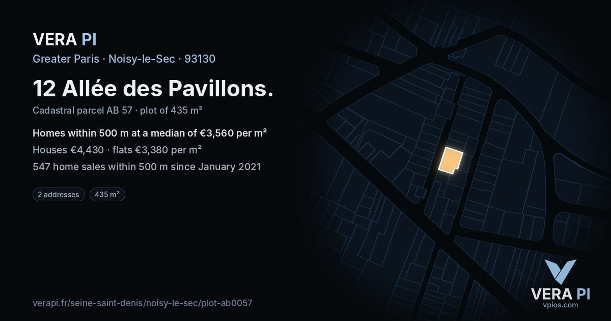 12 Allée des Pavillons, Noisy-le-Sec at night – the plot lit, the parcels around coloured by the prices near them