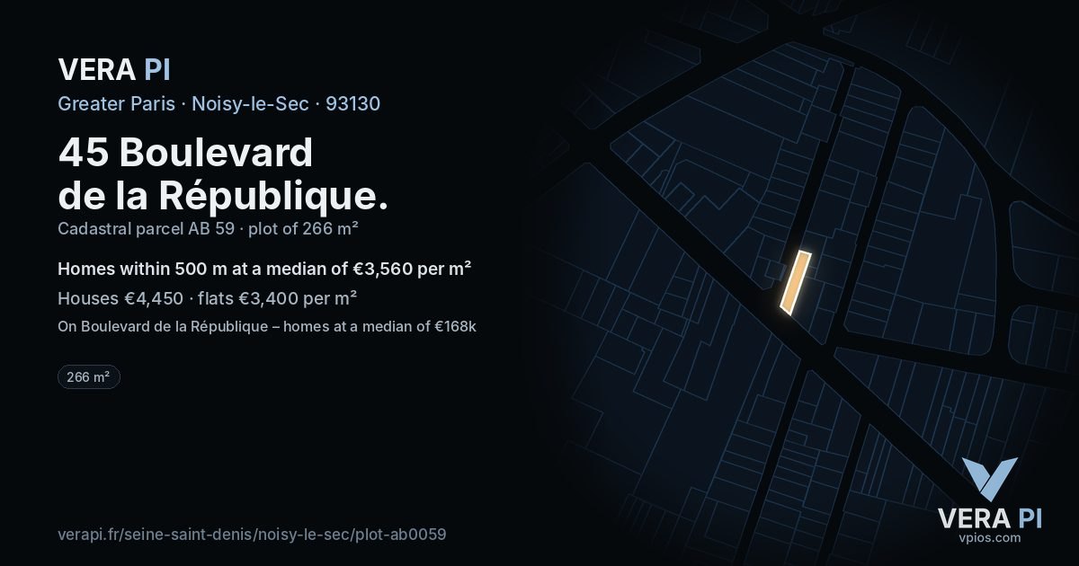 45 Boulevard de la République, Noisy-le-Sec at night – the plot lit, the parcels around coloured by the prices near them